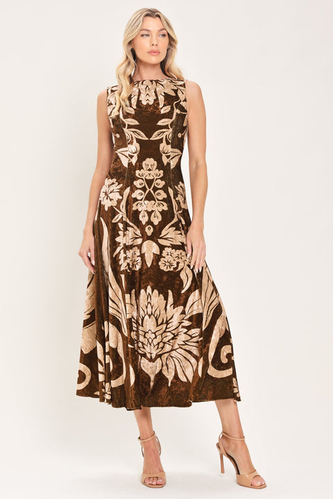 COCOA BLOOM BROWN PRINTED VELVET CIRCLE-SKIRT MIDI DRESS