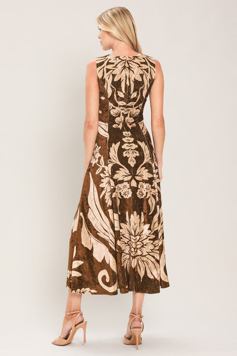 COCOA BLOOM BROWN PRINTED VELVET CIRCLE-SKIRT MIDI DRESS
