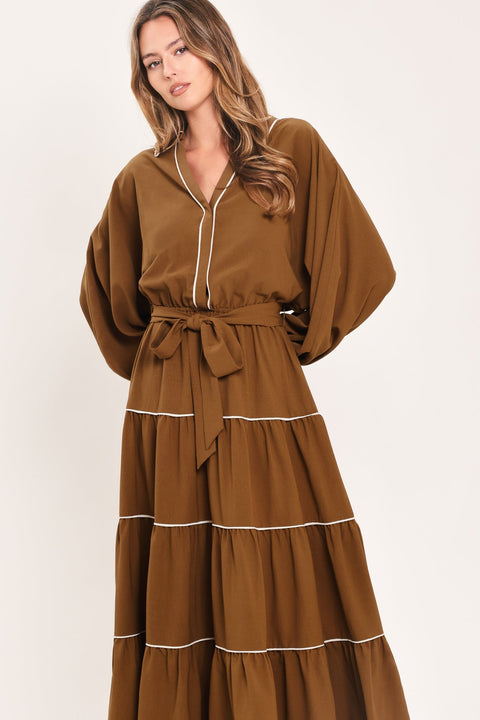 MAPLE TIERED MOMENTS WOVEN MIDI DRESS