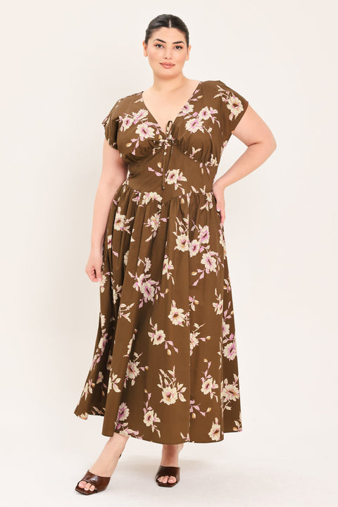 BROWN DAISY WOVEN MIDI DRESS