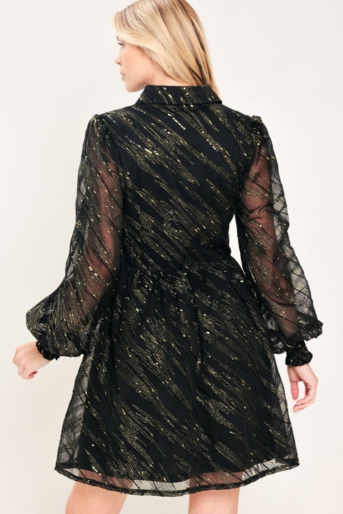 GILDED NOIR BLACK/GOLD METALLIC BUTTON-DOWN MINI DRESS