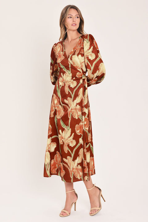 FALLING FOR YOU FAUX WRAP MIDI DRESS
