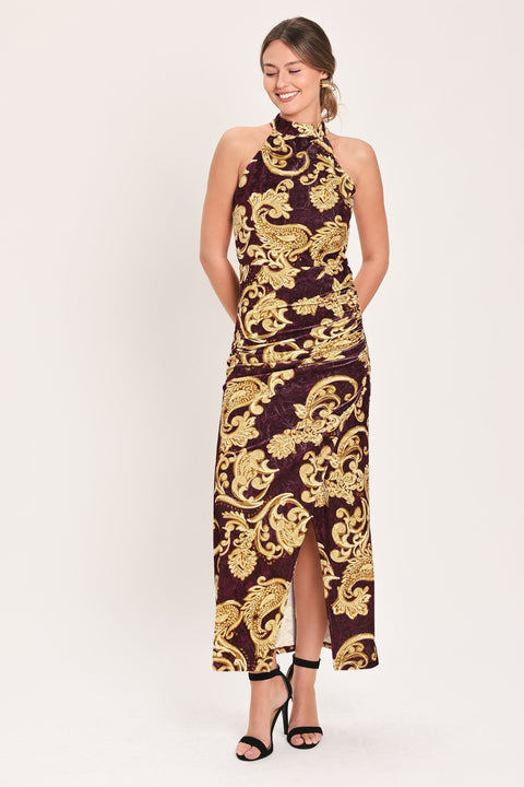 SCARLET SPELL DARK SCARLET PRINTED CRUSHED VELVET HALTER MAXI DRESS