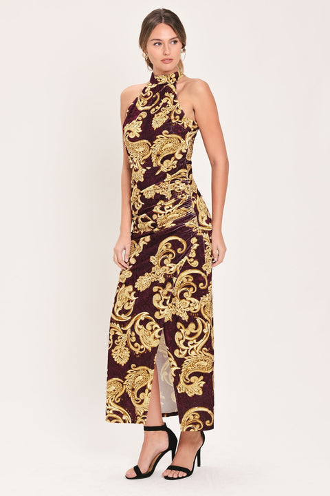 SCARLET SPELL DARK SCARLET PRINTED CRUSHED VELVET HALTER MAXI DRESS