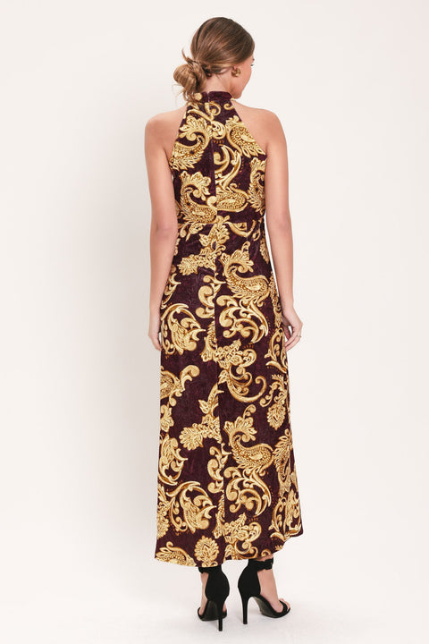 SCARLET SPELL DARK SCARLET PRINTED CRUSHED VELVET HALTER MAXI DRESS