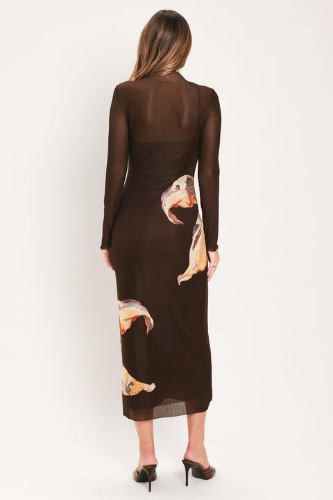 MOCHA MYSTIQUE DARK BROWN PRINTED MESH MIDI DRESS