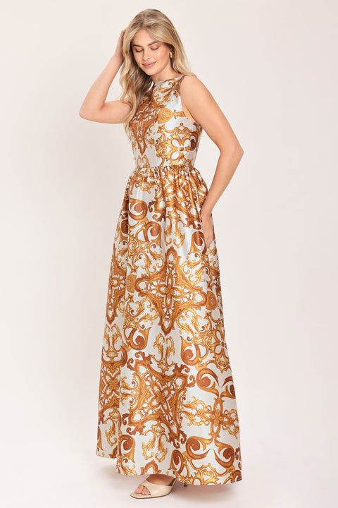 RUSTIC BLOOM RUST PRINTED FULL-SKIRT MAXI DRESS