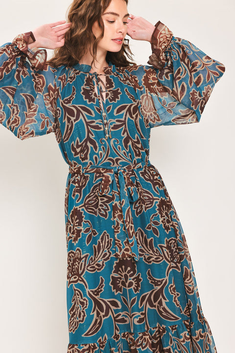 TEAL ESCAPE PRINTED RUFFLE-NECK BELTED MAXI DRESS