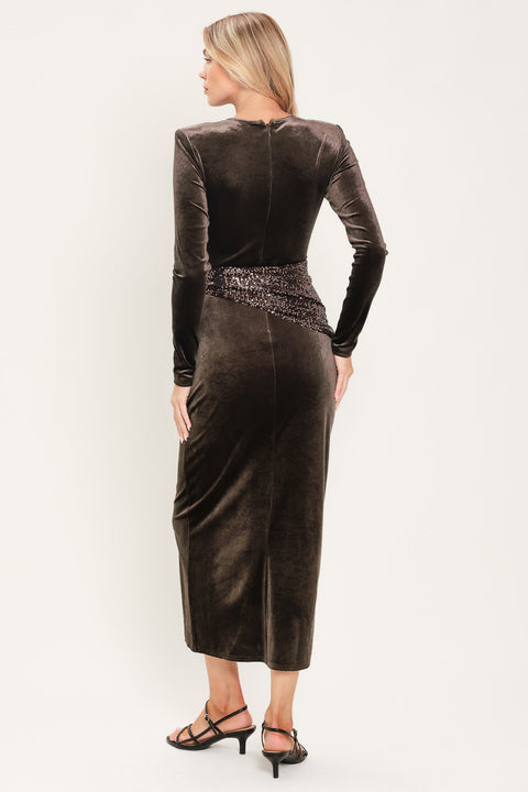 ESPRESSO EVENING VELVET SEQUIN-SCARF MIDI DRESS