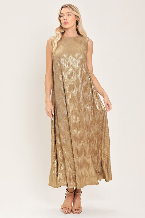 GOLDEN GLIMMER GOLD FOIL BELTED MIDI DRESS
