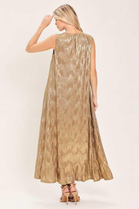 GOLDEN GLIMMER GOLD FOIL BELTED MIDI DRESS