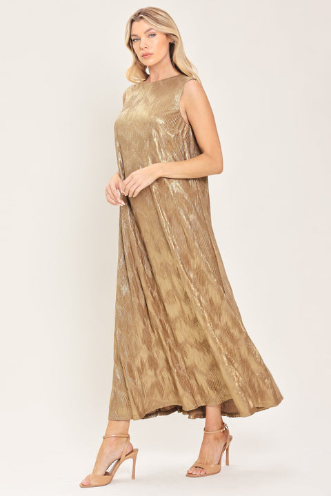 GOLDEN GLIMMER GOLD FOIL BELTED MIDI DRESS