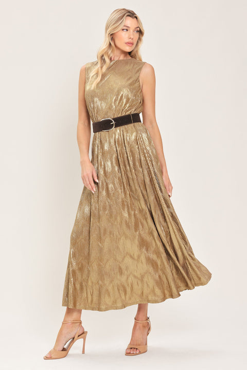 GOLDEN GLIMMER GOLD FOIL BELTED MIDI DRESS