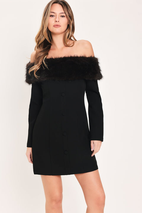 NOIR FROST BLACK FAUX-FUR OFF-SHOULDER MINI DRESS