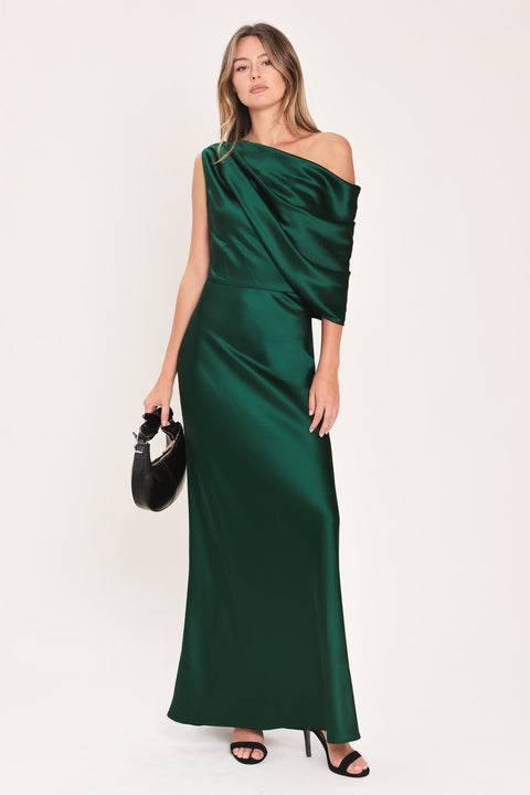 GILDED DRAPE SATIN ONE-SHOULDER MAXI DRESS