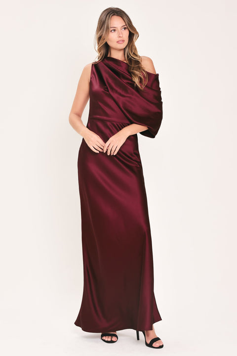 GILDED DRAPE SATIN ONE-SHOULDER MAXI DRESS