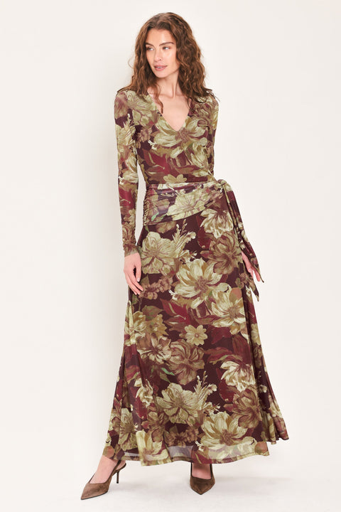 MAROON MUSE DARK MAROON PRINTED SCARF-SASH MESH MAXI DRESS