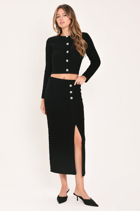 POLISHED MOMENT BLACK JEWEL-BUTTON CROPPED SWEATER TOP