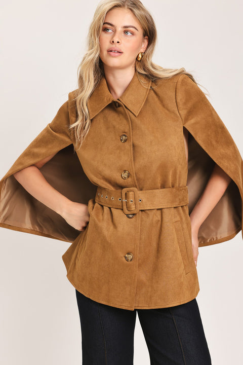 CAMEL CHIC CAMEL FAUX SUEDE BELTED CAPELET JACKET
