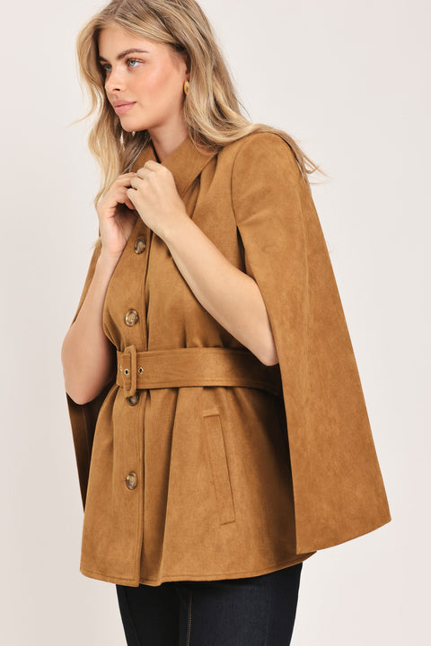 CAMEL CHIC CAMEL FAUX SUEDE BELTED CAPELET JACKET