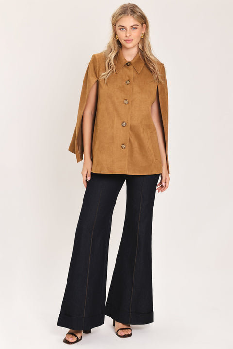 CAMEL CHIC CAMEL FAUX SUEDE BELTED CAPELET JACKET