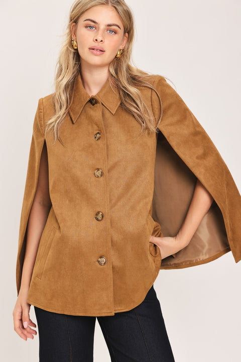 CAMEL CHIC CAMEL FAUX SUEDE BELTED CAPELET JACKET
