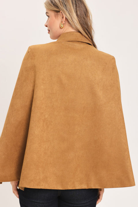 CAMEL CHIC CAMEL FAUX SUEDE BELTED CAPELET JACKET