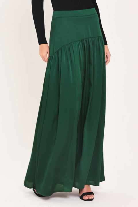 FOREST POISE HUNTER GREEN DROP-WAIST TIERED MAXI SKIRT