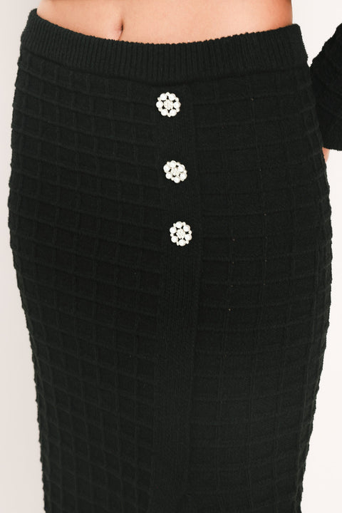POLISHED MOMENT BLACK BUTTON-SLIT SWEATER MIDI SKIRT