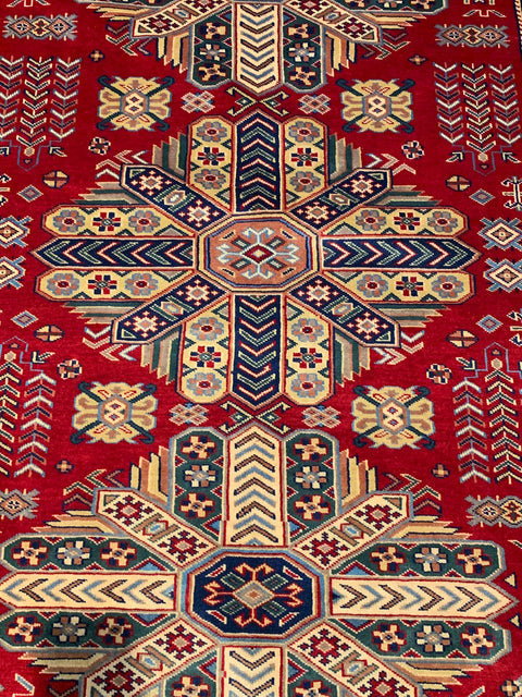 Hand-Knotted Vegetable Dye Kazak Rug from Pakistan, size 4' 7" x 6' 2"