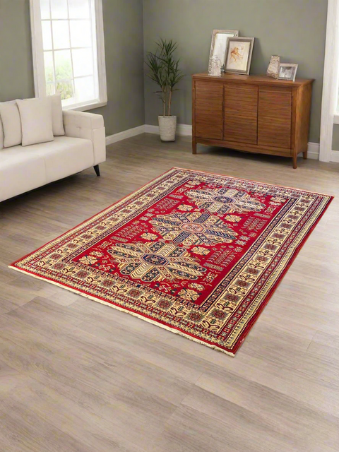 Hand-Knotted Vegetable Dye Kazak Rug from Pakistan, size 4' 7" x 6' 2"