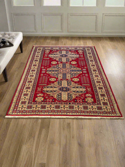 Hand-Knotted Vegetable Dye Kazak Rug from Pakistan, size 4' 7" x 6' 2"