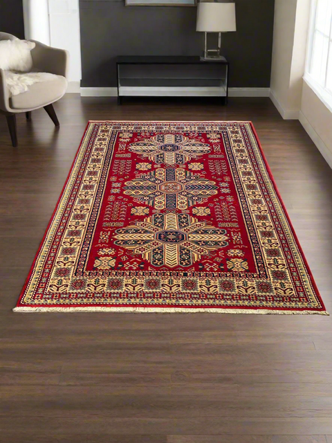 Hand-Knotted Vegetable Dye Kazak Rug from Pakistan, size 4' 7" x 6' 2"