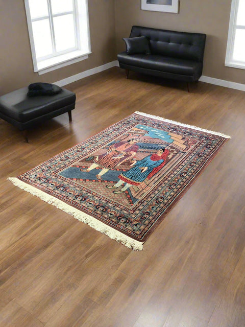 Hand-Knotted Pakistan Kashmiri Silk Wool Blend Rug, size 4' 2" x 6' ( E)