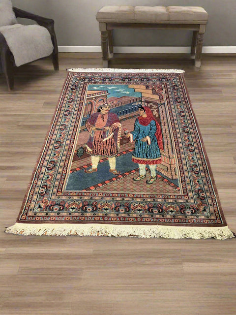 Hand-Knotted Pakistan Kashmiri Silk Wool Blend Rug, size 4' 2" x 6' ( E)