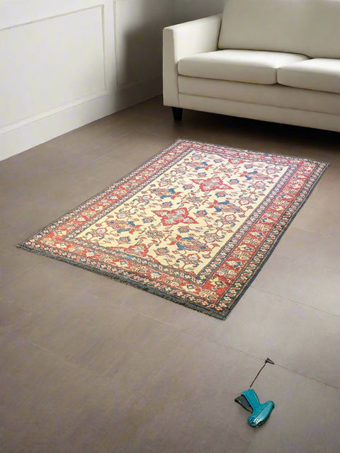 Hand-Knotted Vegetable Dye Kazak Rug from Pakistan, size 4' x 6'