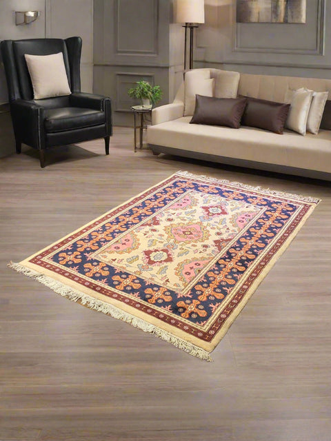 Hand-Knotted Pakistani Wool Rug, Tribal/Floral Design, size 4' 2" x 6"