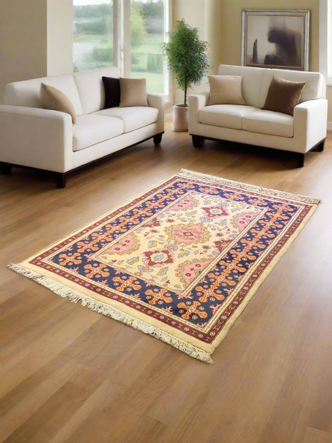 Hand-Knotted Pakistani Wool Rug, Tribal/Floral Design, size 4' 2" x 6"