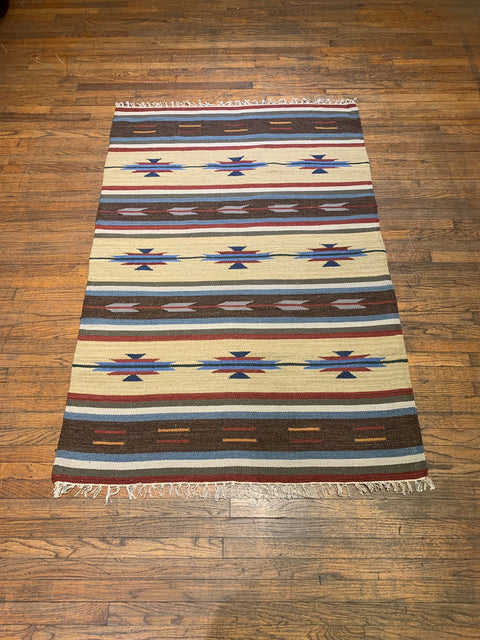 Handwoven Indian Kilim Rug – Geometric Navajo Design, size 4" x 6"