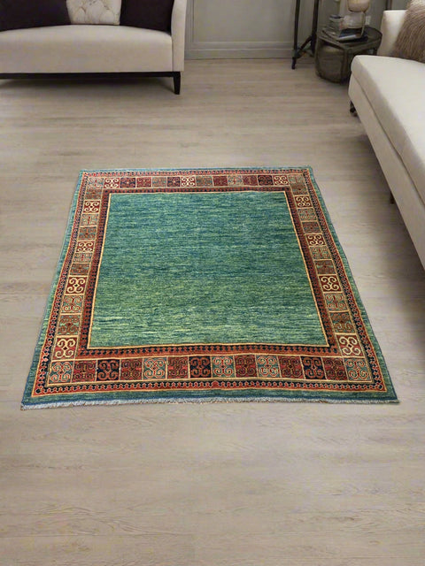 Hand-Knotted Vegetable Dye Kazak Rug from Pakistan, size 4' 7" x 6' 10"