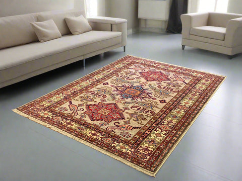 Hand-Knotted Vegetable Dye Kazak Rug from Pakistan, size 5" x 6' 8"