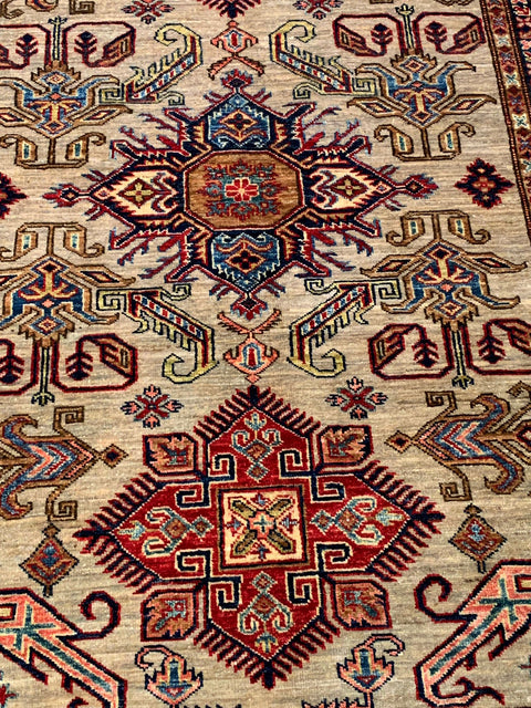 Hand-Knotted Vegetable Dye Kazak Rug from Pakistan, size 5" x 6' 8"