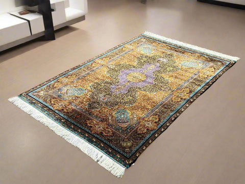 Exquisite 100% Silk Persian Design Rug – Elegant and Luxurious, size 4" x 6" (H)