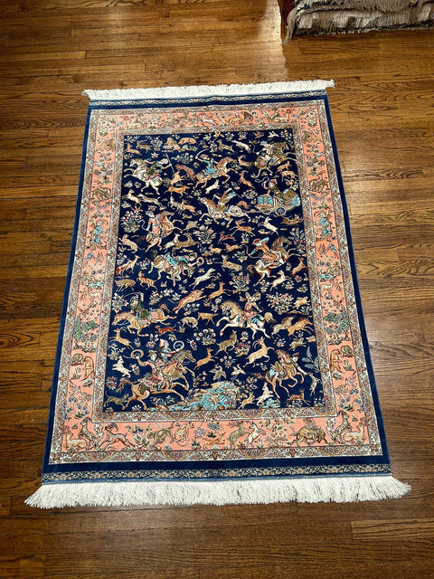 Exquisite 100% Silk Persian Design Rug – Elegant and Luxurious, size 4" x 6" (H)