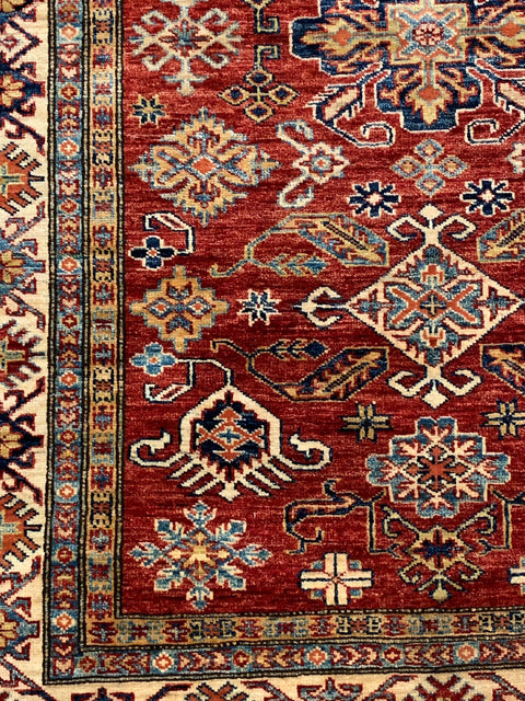 Hand-Knotted Vegetable Dye Kazak Rug from Pakistan, size 4" x 5' 7"