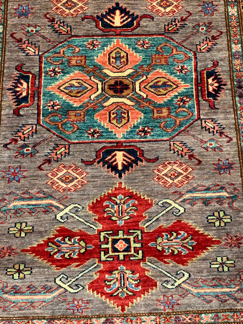Hand-Knotted Vegetable Dye Kazak Rug from Pakistan, size 4" x 5' 6"