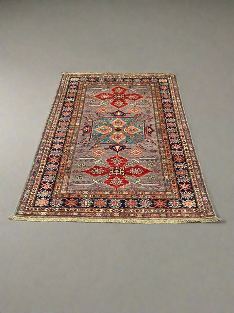 Hand-Knotted Vegetable Dye Kazak Rug from Pakistan, size 4" x 5' 6"