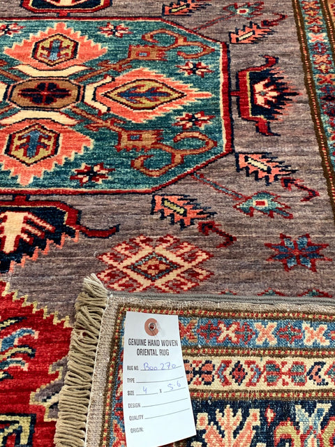 Hand-Knotted Vegetable Dye Kazak Rug from Pakistan, size 4" x 5' 6"