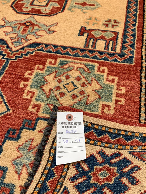 Hand-Knotted Vegetable Dye Kazak Rug from Pakistan, size 3' 8" x 5' 8"