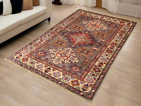 Hand-Knotted Vegetable Dye Kazak Rug from Pakistan, size 4" x 6"